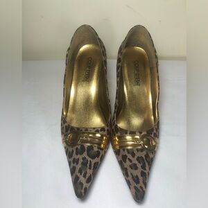 Leopard Print Pointed Toe Pumps with Gold Accent